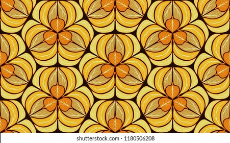 A seamless pattern of colored autumn leaves inscribed in hexagons.
