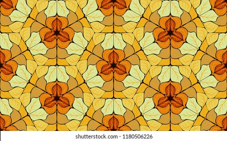 A seamless pattern of colored autumn leaves inscribed in hexagons.