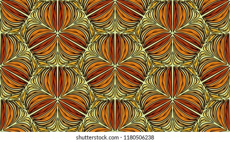 A seamless pattern of colored autumn leaves inscribed in hexagons.