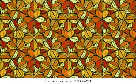 A seamless pattern of colored autumn leaves inscribed in hexagons.