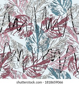 Seamless pattern with colored autumn leaves and blots. Seamless leaves pattern on dark background. Autum pattern.