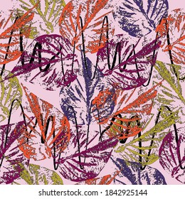 Seamless pattern with colored autumn leaves and blots. Hand painting for fabric, textile, packaging, website. Aquarelle leaf for background, texture, wrapper pattern, frame or border.