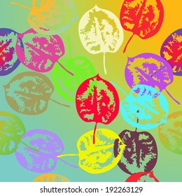 Seamless pattern of colored autumn leaves on radiance background.