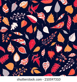 Seamless pattern with colored autumn leaves  on a dark background. Vector illustration Used for wallpaper, pattern fills, surface textures.