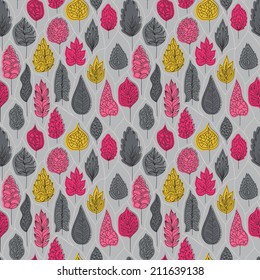 Seamless pattern with colored autumn leaves  on a gray background. Bright color. Vector illustration. Used for wallpaper, pattern fills, surface textures.