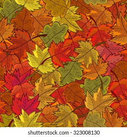 Seamless pattern with colored autumn leaves, in bright colors.