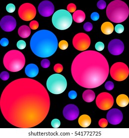 Seamless pattern of colored balls of different sizes on a black background. Vector stock.