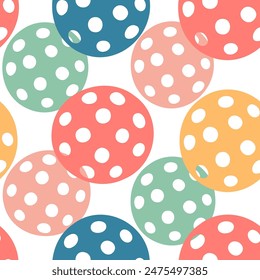 Seamless pattern with colored balls for pickleball. Sport design for print, banner, card, fabric, cover, wrapping paper, wallpaper. Hand drawn vector illustration