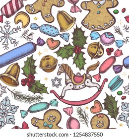 Seamless pattern with colored bells, jingles, gingerbread men, gingerbread, macaron, candies, snowflakes, sparkles, holly, spruce, toy horse
