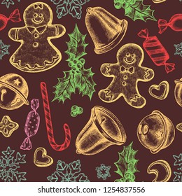 Seamless pattern with colored bells, jingles, gingerbread men, gingerbread, lollipop, candies, snowflakes, holly