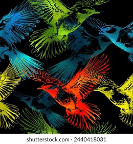 Seamless pattern of colored birds. hand drawing. Not AI, Vector illustration.
