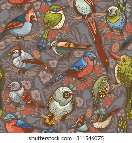 Seamless pattern with colored birds on a autumn background. Vector illustration.
