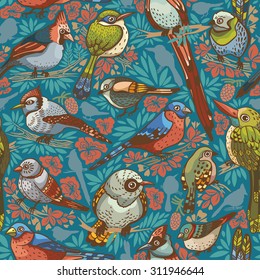 Seamless pattern with colored birds on a blue background. Vector illustration.
