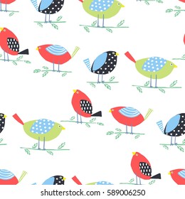 Seamless pattern of colored birds on white background. Vector illustration. Background for poster or cover. Figure for textiles.