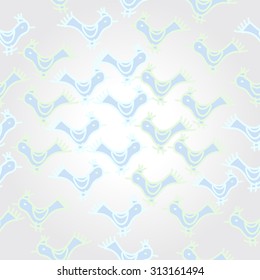 Seamless   pattern of colored birds, spots, ellipses, doodles. Hand drawn.