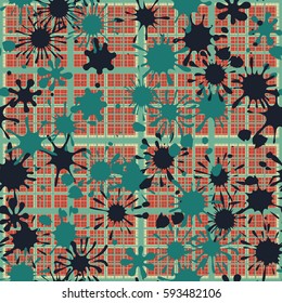 Seamless pattern. Colored blots. Checkered background. Grungy textiles. Wallpaper for children. Camouflage. Flat. Cartoon. 