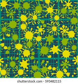 Seamless pattern. Colored blots. Checkered background. Grungy textiles. Wallpaper for children. Camouflage. Flat. Cartoon. 