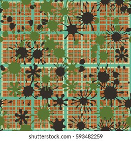 Seamless pattern. Colored blots. Checkered background. Grungy textiles. Wallpaper for children. Camouflage. Flat. Cartoon. 