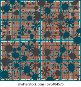 Seamless pattern. Colored blots. Checkered background. Grungy textiles. Wallpaper for children. Camouflage. Flat. Cartoon. 