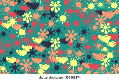 Seamless pattern of colored blots and hearts. Fashion camouflage.