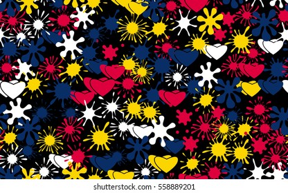 Seamless pattern of colored blots and hearts. Fashion camouflage.