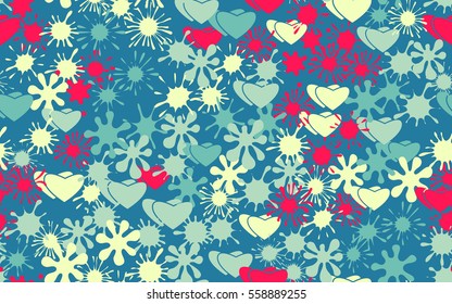 Seamless pattern of colored blots and hearts. Fashion camouflage.