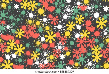 Seamless pattern of colored blots and hearts. Fashion camouflage.