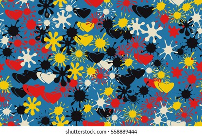 Seamless pattern of colored blots and hearts. Fashion camouflage.