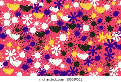 Seamless pattern of colored blots and hearts. Fashion camouflage.
