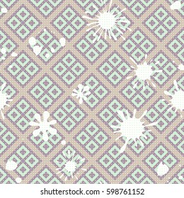 Seamless pattern. Colored blots on a plaid background. Grungy textiles. Children's camouflage. Dirty tablecloth. Flat. Cartoon.