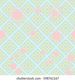 Seamless pattern. Colored blots on a plaid background. Grungy textiles. Children's camouflage. Dirty tablecloth. Flat. Cartoon.