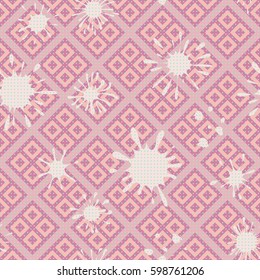 Seamless pattern. Colored blots on a plaid background. Grungy textiles. Children's camouflage. Dirty tablecloth. Flat. Cartoon.