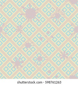 Seamless pattern. Colored blots on a plaid background. Grungy textiles. Children's camouflage. Dirty tablecloth. Flat. Cartoon.