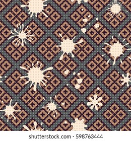 Seamless pattern. Colored blots on a plaid background. Grungy textiles. Children's camouflage. Dirty tablecloth. Flat. Cartoon.