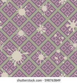 Seamless pattern. Colored blots on a plaid background. Grungy textiles. Children's camouflage. Dirty tablecloth. Flat. Cartoon.