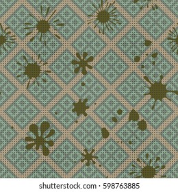 Seamless pattern. Colored blots on a plaid background. Grungy textiles. Children's camouflage. Dirty tablecloth. Flat. Cartoon.