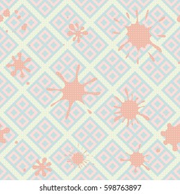 Seamless pattern. Colored blots on a plaid background. Grungy textiles. Children's camouflage. Dirty tablecloth. Flat. Cartoon.