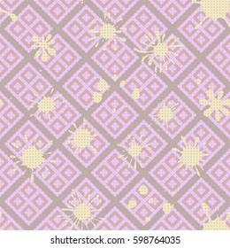 Seamless pattern. Colored blots on a plaid background. Grungy textiles. Children's camouflage. Dirty tablecloth. Flat. Cartoon.