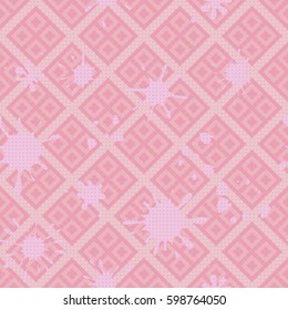 Seamless pattern. Colored blots on a plaid background. Grungy textiles. Children's camouflage. Dirty tablecloth. Flat. Cartoon.