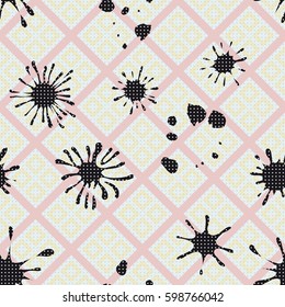 Seamless pattern. Colored blots on a plaid background. Grungy textiles. Children's camouflage. Dirty tablecloth. Flat. Cartoon.