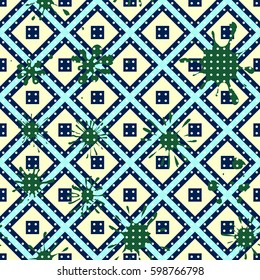 Seamless pattern. Colored blots on a plaid background. Grungy textiles. Children's camouflage. Flat. Cartoon.