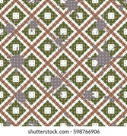 Seamless pattern. Colored blots on a plaid background. Grungy textiles. Children's camouflage. Flat. Cartoon.