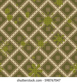 Seamless pattern. Colored blots on a plaid background. Grungy textiles. Children's camouflage. Flat. Cartoon.