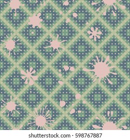 Seamless pattern. Colored blots on a plaid background. Grungy textiles. Children's camouflage. Flat. Cartoon.