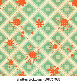 Seamless pattern. Colored blots on a plaid background. Grungy textiles. Children's camouflage. Flat. Cartoon.
