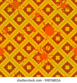 Seamless pattern. Colored blots on a plaid background. Grungy textiles. Children's camouflage. Flat. Cartoon.