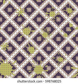 Seamless pattern. Colored blots on a plaid background. Grungy textiles. Children's camouflage. Flat. Cartoon.