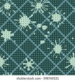 Seamless pattern. Colored blots on a plaid background. Grungy textiles. Wallpaper for children. Flat. Cartoon.