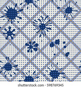 Seamless pattern. Colored blots on a plaid background. Grungy textiles. Wallpaper for children. Flat. Cartoon.