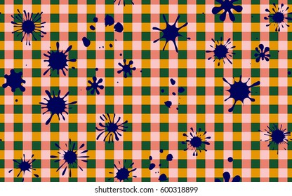 Seamless pattern. Colored blots on a plaid background. Grungy textiles. Wallpaper for children. Flat. Cartoon.